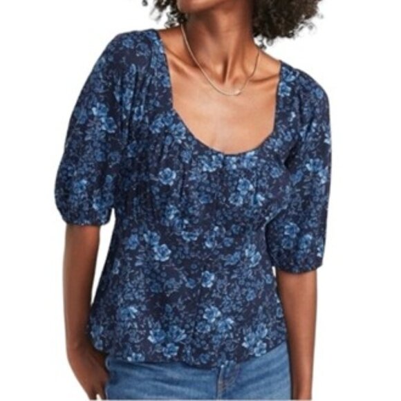 Old Navy Button Front Smocked Back Blouse Puff Sleeve Peasant Top Blue Floral - Picture 1 of 7